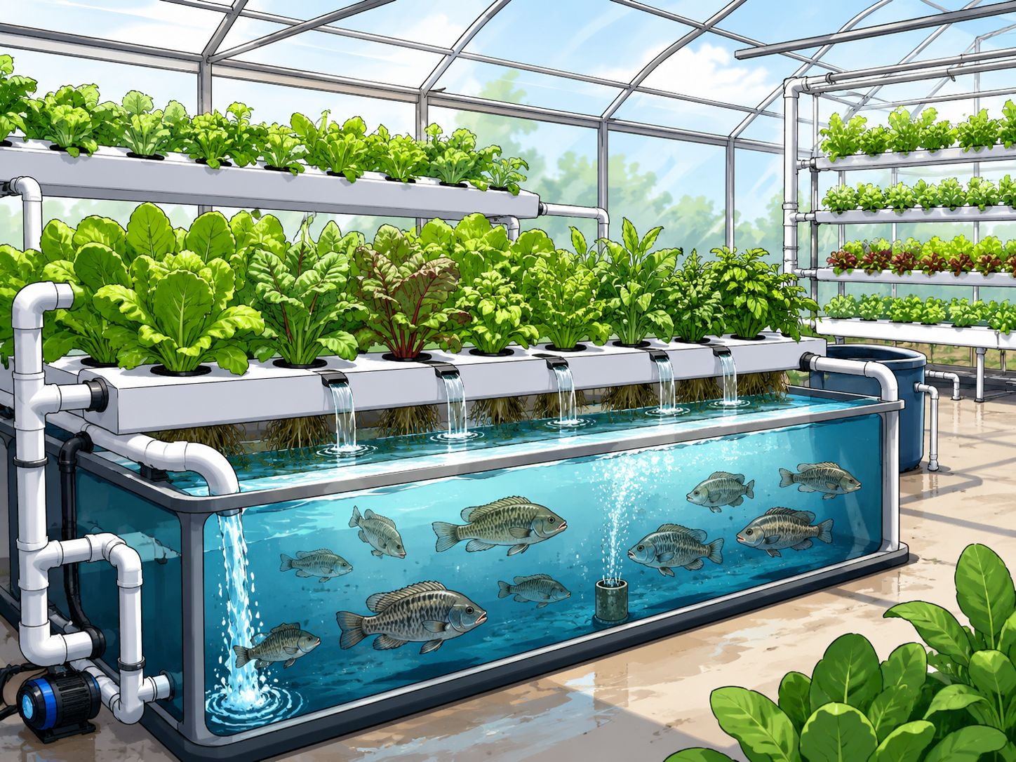 Sistema ilustrado de aquaponia com peixes e hortaliças